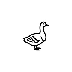 Minimalist vector illustration of a goose depicted in a simple black and white line art style. Perfect for use in design projects needing a clean animal icon representation