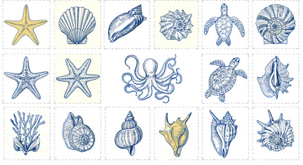 Nautical marine life vector illustration featuring seashells, starfish, octopus, and turtles for coastal design and decor