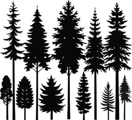 Obraz premium Collection of diverse tree silhouettes in black against a transparent background showcasing various shapes and sizes isolated on transparent background