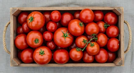 Ripe Tomatoes in Wooden Crate: A rustic wooden crate overflows with vibrant red tomatoes, showcasing the freshness of garden produce and the charm of organic harvest.
