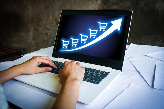 Sales growth presentation with shopping cart rising arrow symbol, representing increased sales, revenue boost, and e-commerce success. Ideal for marketing designs.