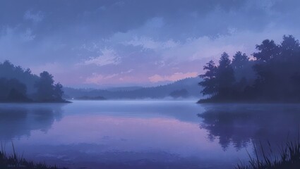 Fototapeta premium A tranquil lake scene at dawn, bathed in a soft, purple light.