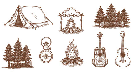 Camping adventure vector illustration with tent, campfire, and musical instruments in hand drawn style © Ophelia
