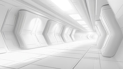 Futuristic White Corridor with Tiled Floor and Overhead Lighting Panels