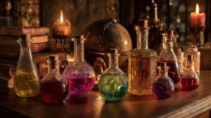 Colorful bottles alchemy still life