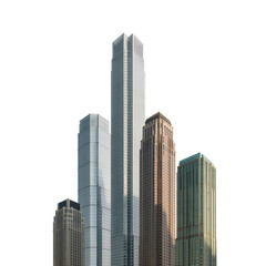 Fototapeta premium Modern Cityscape: Sleek Glass and Stone High-Rise Buildings at Sunset
