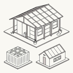 Isometric illustration showcasing various building structures including a greenhouse and a small house design