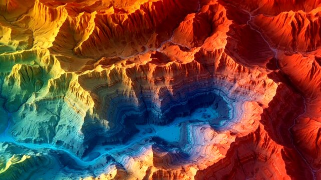 Topographic map rendering with vibrant, contrasting colors showcasing elevation and terrain details