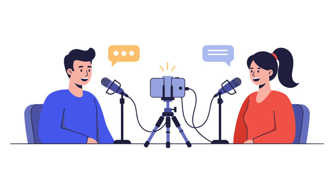 Podcast recording vector illustration with microphones and smartphones for studio design
