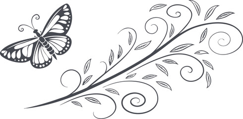 Vector art of an elegant black butterfly rests on a delicate, swirling floral branch, isolated on white background.