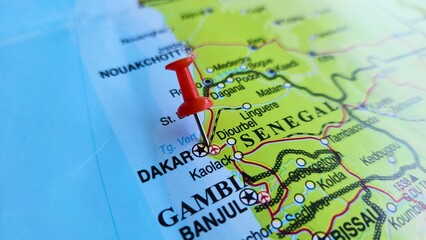 View of Dakar, Capital and the largest city of Senegal, on a geographical map of Africa, marked...
