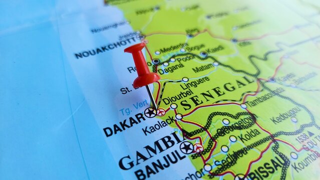 View of Dakar, Capital and the largest city of Senegal, on a geographical map of Africa, marked with red pushpin