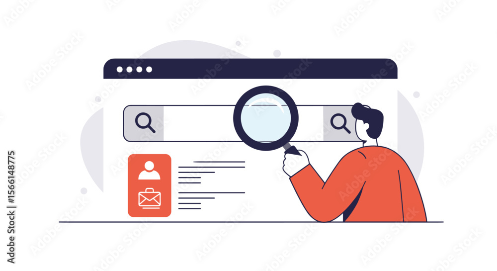 Poster online search vector illustration with person using magnifying glass for web design and ui concepts