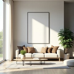 Modern living room interior design mockup with sofa plant and frame home decor template for art