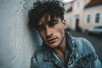 Fototapeta premium Portrait of a Young Man with Wet Hair Wearing a Denim Jacket