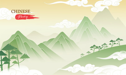 Obraz premium Horizontal Chinese style landscape painting landscape pine clouds