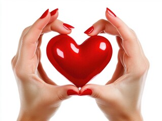 Fototapeta premium Hands gently holding a shiny red heart symbol
