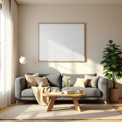 Modern living room interior mockup with sofa plant table and blank frame for artwork display idea