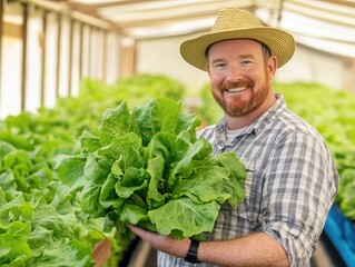 Obraz premium A smiling farmer holds a large head of lettuce in a greenhouse filled with vibrant green lettuce plants. It is bright and sunny, highlighting the freshness of the produce.