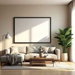 Modern living room interior design with sofa plant and frame mockup for artwork display