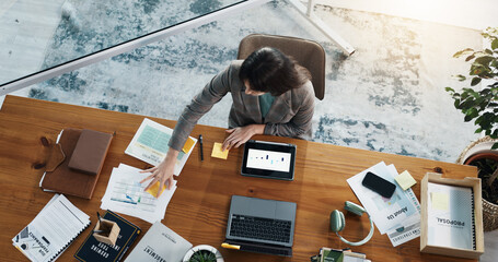 Above, woman and paperwork with sticky note for planning, content marketing expert and data in...