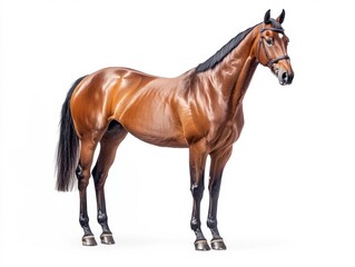 A majestic brown horse stands upright with a shiny coat, showcasing its well-defined muscles and elegant posture. The lighting highlights its features, creating a striking contrast.