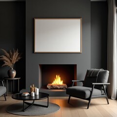 Modern living room interior design with fireplace and blank frame mockup for artwork display idea