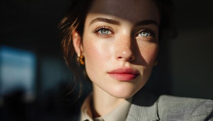 Fototapeta premium Close Up Portrait of a Young Woman with Freckles in Sunlight