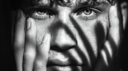 Obraz premium Close Up Monochrome Portrait Of Young Man With Hands Framing Face