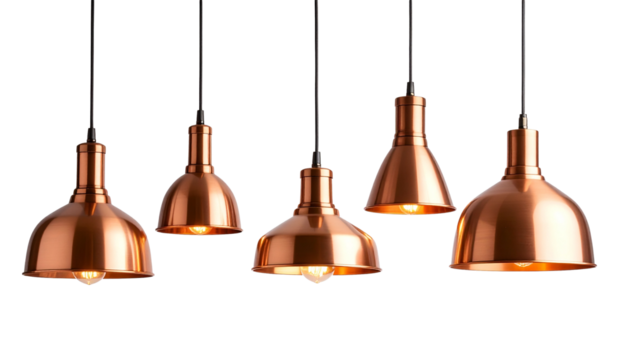 Copper Pendant Lights Array: An eye-level shot reveals an array of five copper pendant lights, each exuding a warm, inviting glow perfect for interior design or product marketing projects isolated on 