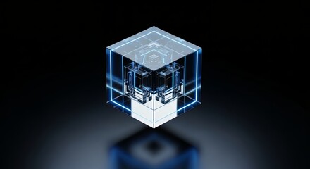 Abstract glowing blue geometric cube with complex inner structure on dark background