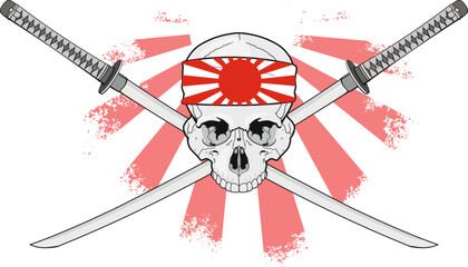 skull with samurai crossed swords in bandana with japanese battle flag isolated on white background