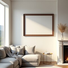 Blank frame mockup interior design living room couch fireplace home decor modern template visualization