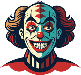 Fototapeta premium Whimsical clown face illustration with vibrant colors and classic typography