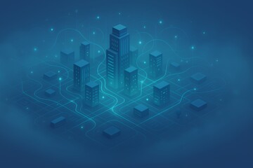 Digital city illustration represents smart technology and urban connectivity, a modern concept with data streams and interconnected buildings.