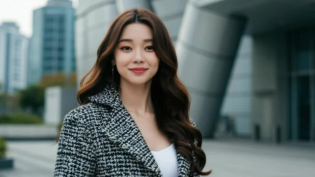 Stylish woman in tweed coat outdoors