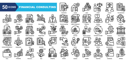Financial Consulting icon collection set.Examination,scheme,Asset,Lawyer,Counsel,Tax assessment,Coverage.Simple line vector.
