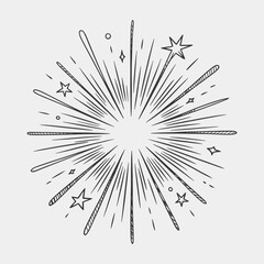 A black and white drawing of a fireworks explosion with a lot of stars.