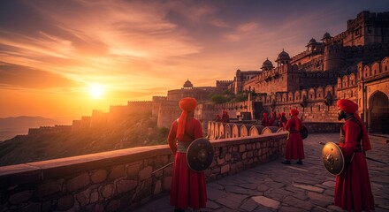 Majestic indian fort with soldiers at sunset capturing the essence of history and culture