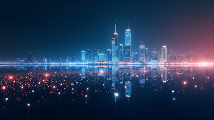 A futuristic city skyline at night, with brightly lit skyscrapers reflected in a body of water. 