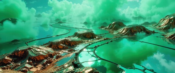Futuristic landscape featuring surreal mountains and vibrant green lakes at sunset