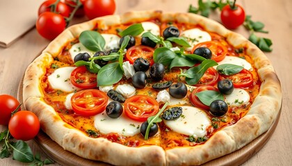 Artisan pizza with mozzarella, fresh tomatoes, goat cheese, spinach, Kalamata olives & pesto, rustic, restaurant