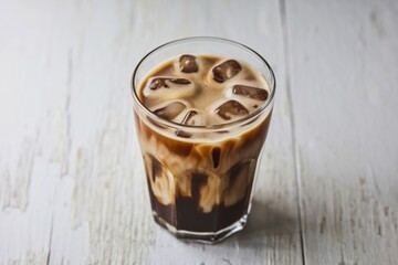 A photo of a glass of iced coffee on a white background