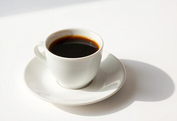 Obraz premium A steaming cup of coffee on a pristine white saucer, isolated, clean, white background