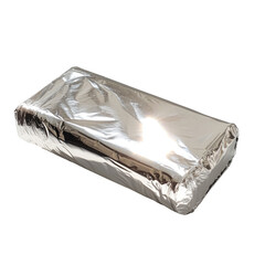 Shiny aluminum foil wrapped package isolated on black background food container box