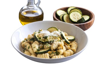 A photo of a white bowl filled with a delicious-looking dish made of gnocchi