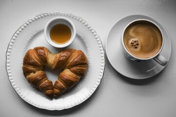 a white plate with a croissant, a small bowl of honey