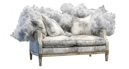 A light-colored sofa, smothered in clouds of white fluff