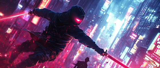 Ninja in action in a futuristic neon city