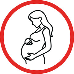Pregnant woman icon in red circle symbolizing maternity warning, pregnancy care, maternal protection, or caution sign for expectant mothers in health, safety, or product usage contexts.